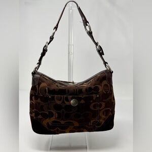 Coach Vintage Chocolate Optic Hobo Bag with Signature Monogram and Suede